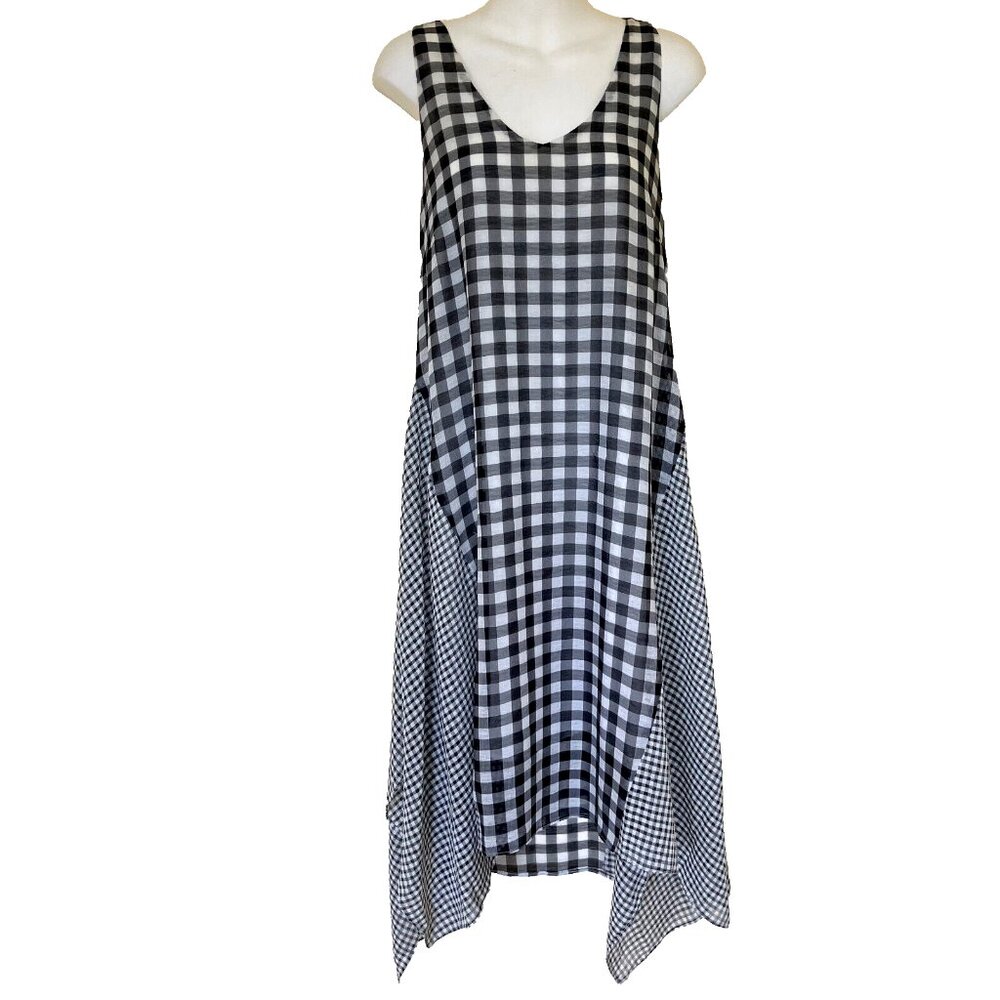 Mystree Pinafore Jumper Sleeveless Dress Flowy Black Gingham Patchwork Check